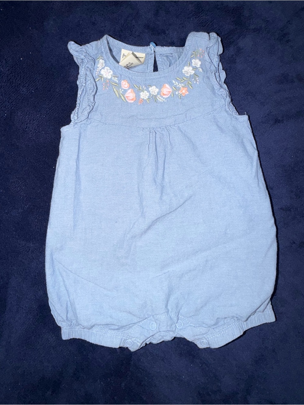 First Impressions | 100% cotton Blue Floral Embroidered Baby Romper| 6-9months